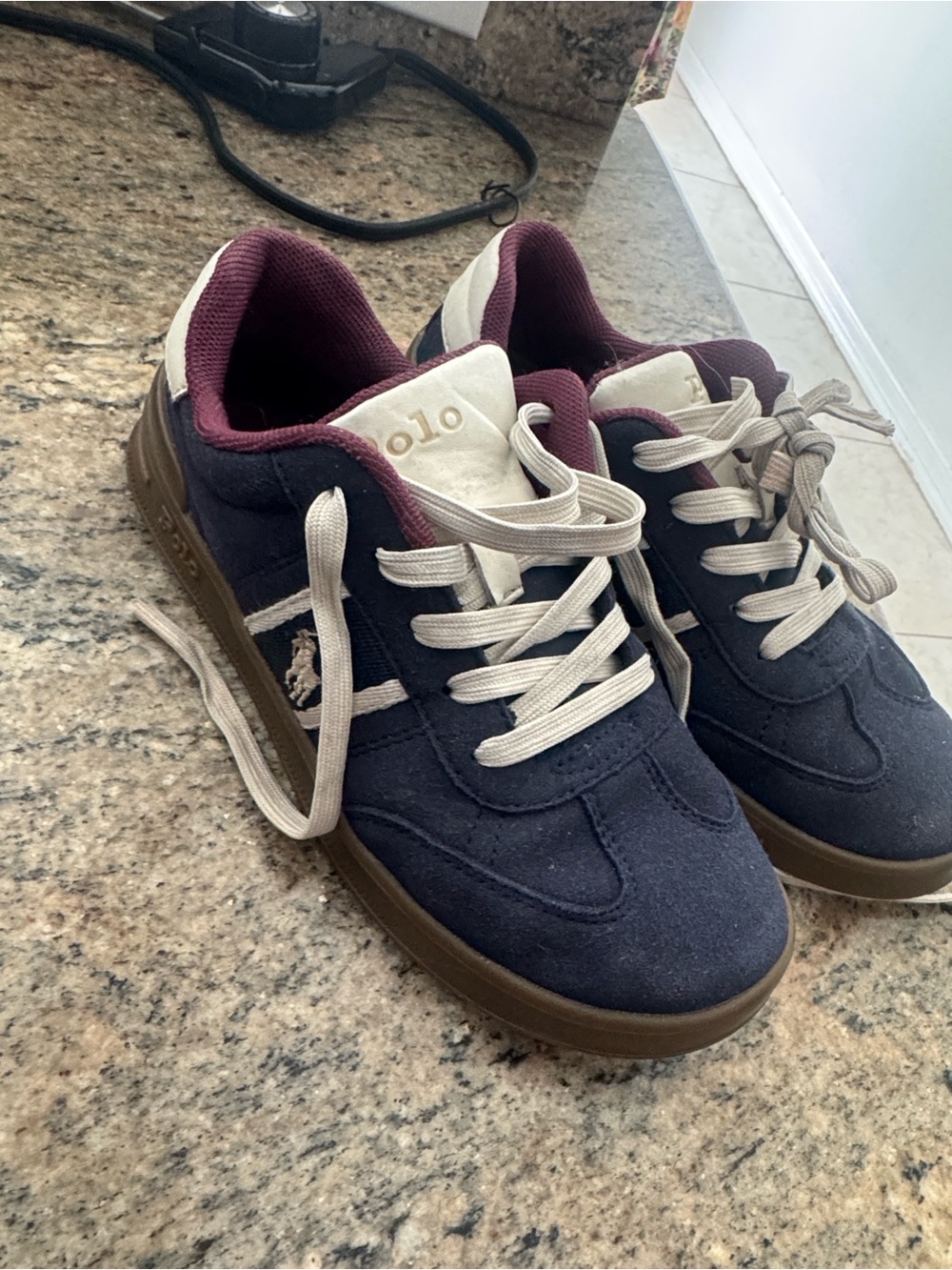 Polo by Ralph Lauren Navy and Cream Kids Lace-Up Sneakers with Maroon Lining